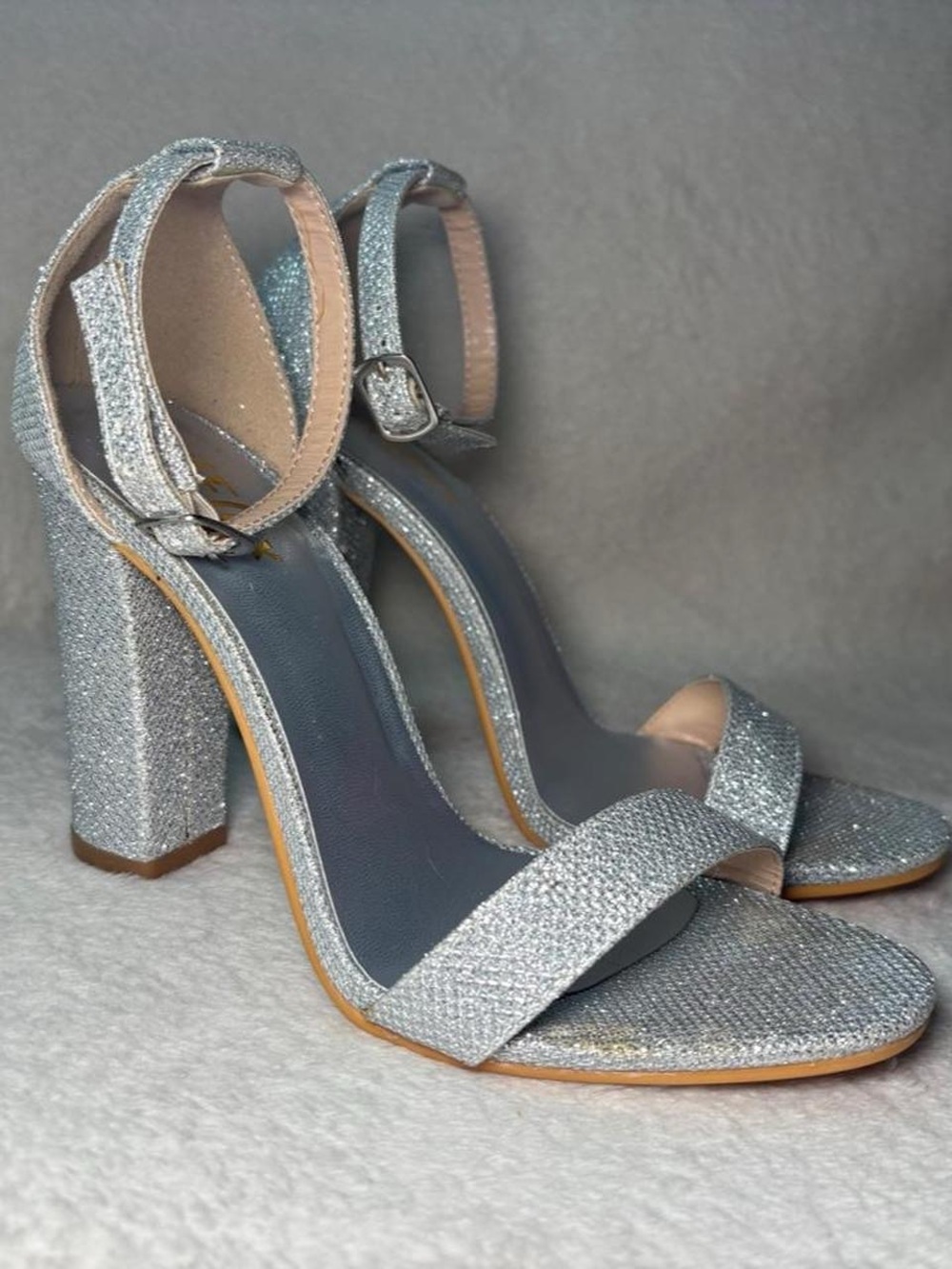 Sparkly Silver Ankle Strap Block Heels